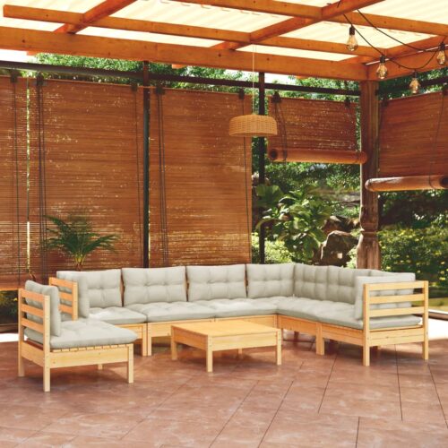 8-Piece Garden Lounge Set with Cream Cushions Pine Wood Outdoor Patio Furniture - Image 2