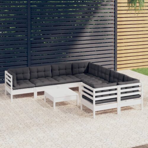 9-Piece Garden Lounge Set with Cushions White Pine Wood Outdoor Patio Furniture - Image 2