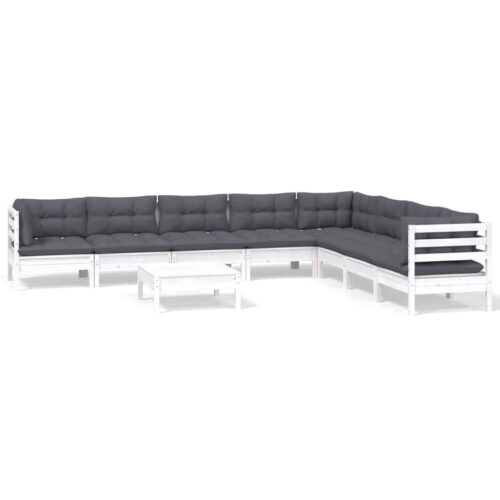 9-Piece Garden Lounge Set with Cushions White Pine Wood Outdoor Patio Furniture