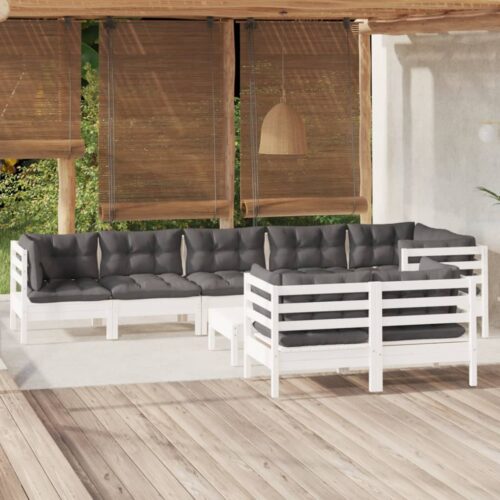 9-Piece Garden Lounge Set with Cushions White Pine Wood Outdoor Patio Furniture - Image 2