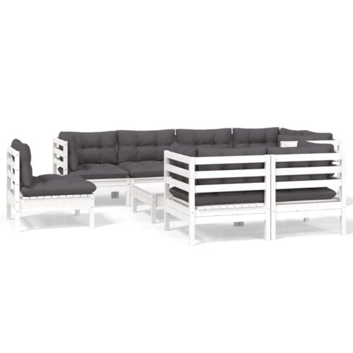 9-Piece Garden Lounge Set with Cushions White Pine Wood Outdoor Patio Furniture