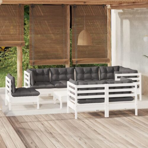 9-Piece Garden Lounge Set with Cushions White Pine Wood Outdoor Patio Furniture - Image 2