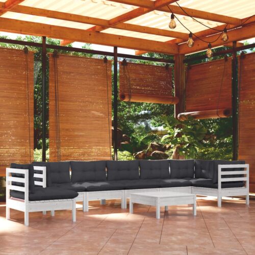 9-Piece Garden Lounge Set with Cushions White Pine Wood Outdoor Patio Furniture - Image 2