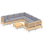 9-Piece Garden Lounge Set with Grey Cushions Pine Wood Outdoor Patio Furniture
