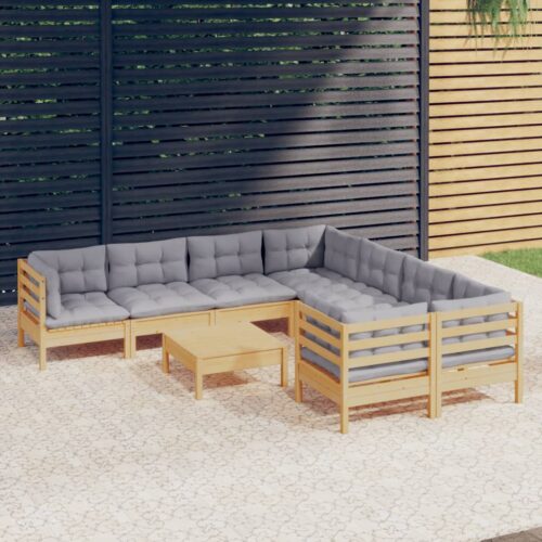 9-Piece Garden Lounge Set with Grey Cushions Pine Wood Outdoor Patio Furniture - Image 2