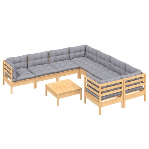 9-Piece Garden Lounge Set with Grey Cushions Pine Wood Outdoor Patio Furniture - Image 3