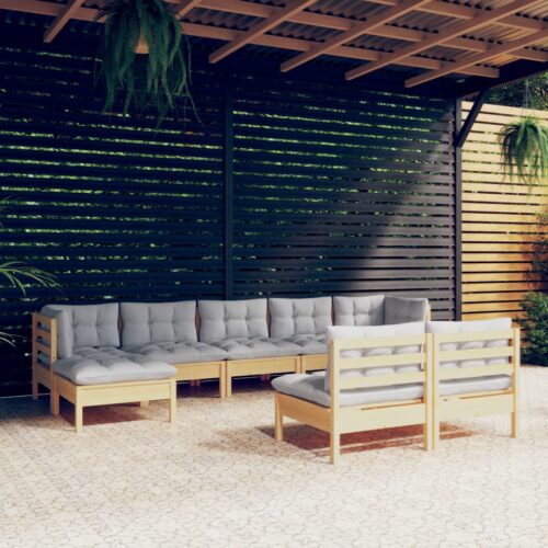 9-Piece Garden Lounge Set with Grey Cushions Pine Wood Outdoor Patio Furniture - Image 2