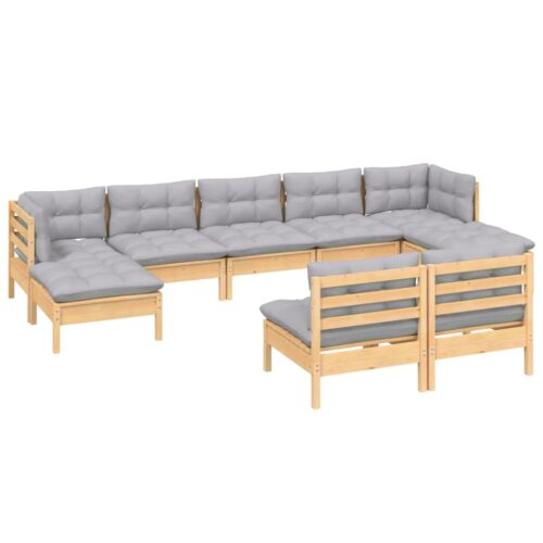 9-Piece Garden Lounge Set with Grey Cushions Pine Wood Outdoor Patio Furniture - Image 3
