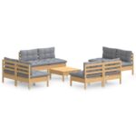9-Piece Garden Lounge Set with Grey Cushions Pine Wood Outdoor Patio Furniture
