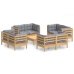 9-Piece Garden Lounge Set with Grey Cushions Pine Wood Outdoor Patio Furniture