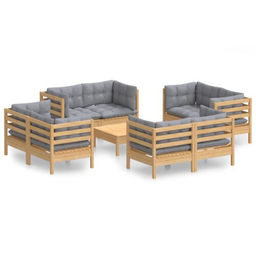 9-Piece Garden Lounge Set with Grey Cushions Pine Wood Outdoor Patio Furniture