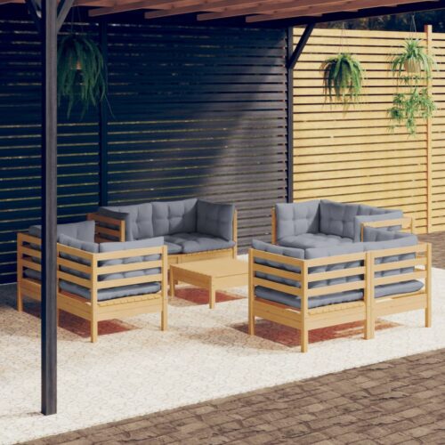9-Piece Garden Lounge Set with Grey Cushions Pine Wood Outdoor Patio Furniture - Image 2