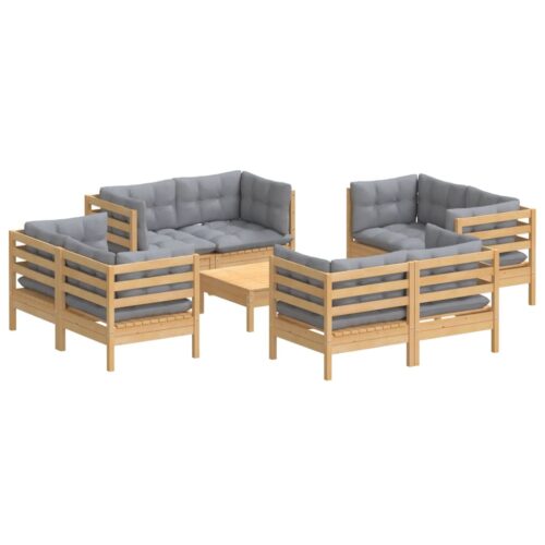 9-Piece Garden Lounge Set with Grey Cushions Pine Wood Outdoor Patio Furniture - Image 3