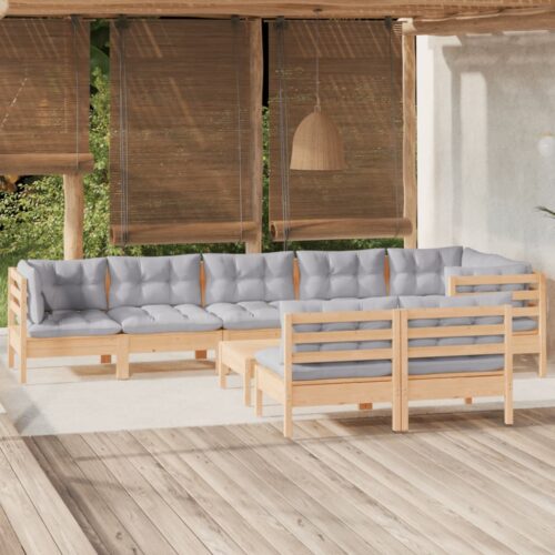 9-Piece Garden Lounge Set with Grey Cushions Pine Wood Outdoor Patio Furniture - Image 2