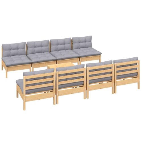 9-Piece Garden Lounge Set with Grey Cushions Pine Wood Outdoor Patio Furniture - Image 3