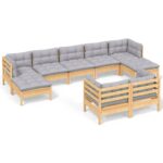 9-Piece Garden Lounge Set with Grey Cushions Pine Wood Outdoor Patio Furniture