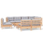 9-Piece Garden Lounge Set with Grey Cushions Pine Wood Outdoor Patio Furniture