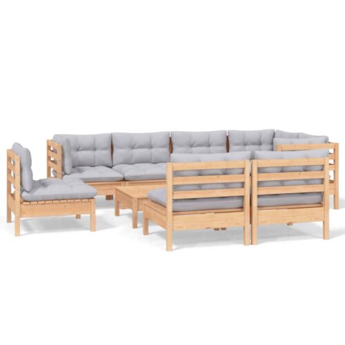 9-Piece Garden Lounge Set with Grey Cushions Pine Wood Outdoor Patio Furniture