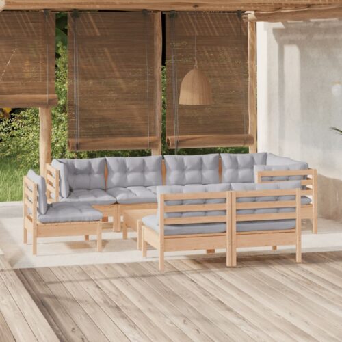 9-Piece Garden Lounge Set with Grey Cushions Pine Wood Outdoor Patio Furniture - Image 2