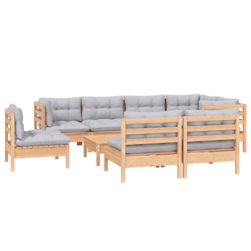 9-Piece Garden Lounge Set with Grey Cushions Pine Wood Outdoor Patio Furniture - Image 3