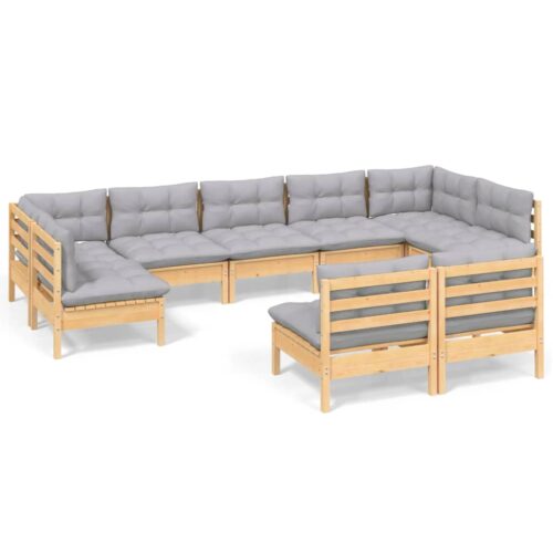 9-Piece Garden Lounge Set with Grey Cushions Pine Wood Outdoor Patio Furniture