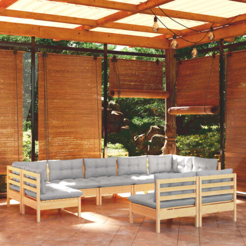 9-Piece Garden Lounge Set with Grey Cushions Pine Wood Outdoor Patio Furniture - Image 2