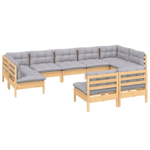 9-Piece Garden Lounge Set with Grey Cushions Pine Wood Outdoor Patio Furniture - Image 3