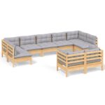 9-Piece Garden Lounge Set with Grey Cushions Pine Wood Outdoor Patio Furniture