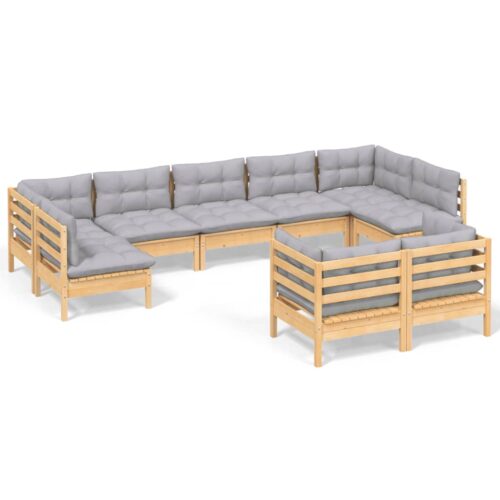 9-Piece Garden Lounge Set with Grey Cushions Pine Wood Outdoor Patio Furniture