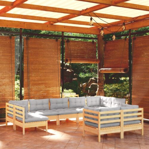 9-Piece Garden Lounge Set with Grey Cushions Pine Wood Outdoor Patio Furniture - Image 2