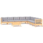 9-Piece Garden Lounge Set with Grey Cushions Pine Wood Outdoor Patio Furniture
