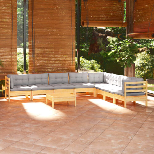 9-Piece Garden Lounge Set with Grey Cushions Pine Wood Outdoor Patio Furniture - Image 2