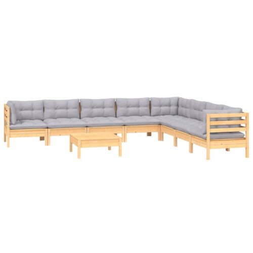 9-Piece Garden Lounge Set with Grey Cushions Pine Wood Outdoor Patio Furniture - Image 3