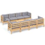 9-Piece Garden Lounge Set with Grey Cushions Pine Wood Outdoor Patio Furniture
