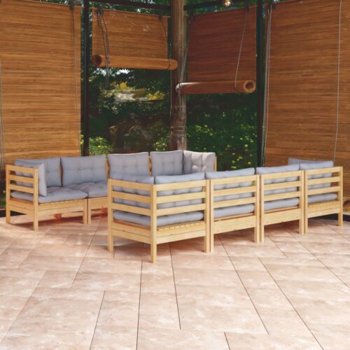 9-Piece Garden Lounge Set with Grey Cushions Pine Wood Outdoor Patio Furniture - Image 2