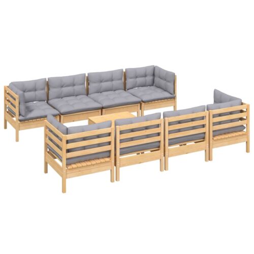 9-Piece Garden Lounge Set with Grey Cushions Pine Wood Outdoor Patio Furniture - Image 3
