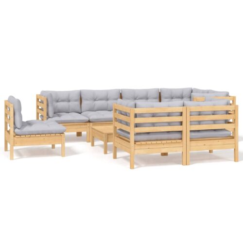 9-Piece Garden Lounge Set with Grey Cushions Pine Wood Outdoor Patio Furniture