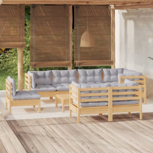 9-Piece Garden Lounge Set with Grey Cushions Pine Wood Outdoor Patio Furniture - Image 2