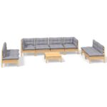 9-Piece Garden Lounge Set with Grey Cushions Pine Wood Outdoor Patio Furniture