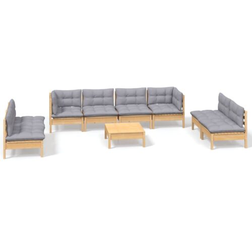 9-Piece Garden Lounge Set with Grey Cushions Pine Wood Outdoor Patio Furniture