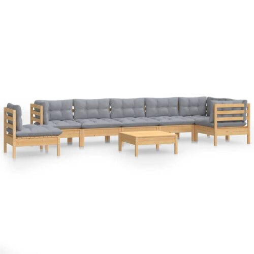 9-Piece Garden Lounge Set with Grey Cushions Pine Wood Outdoor Patio Furniture