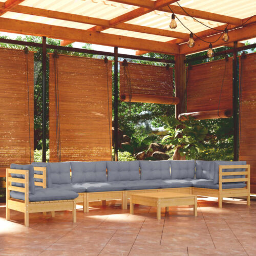 9-Piece Garden Lounge Set with Grey Cushions Pine Wood Outdoor Patio Furniture - Image 2