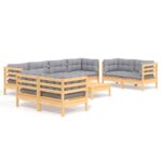9-Piece Garden Lounge Set with Grey Cushions Pine Wood Outdoor Patio Furniture