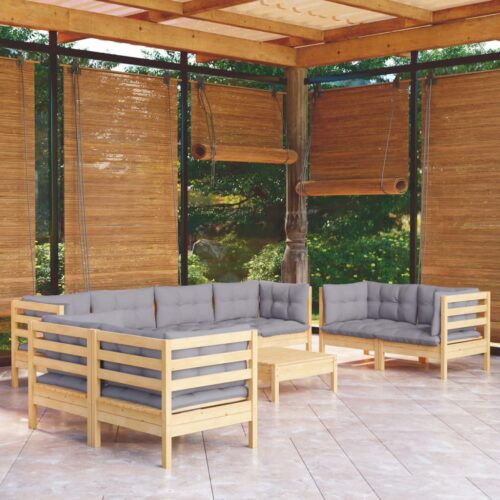 9-Piece Garden Lounge Set with Grey Cushions Pine Wood Outdoor Patio Furniture - Image 2