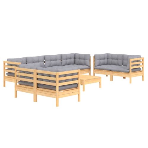 9-Piece Garden Lounge Set with Grey Cushions Pine Wood Outdoor Patio Furniture - Image 3