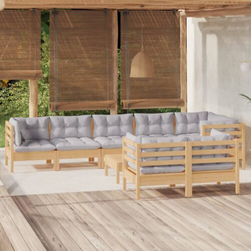 9-Piece Garden Lounge Set with Grey Cushions Pine Wood Outdoor Patio Furniture - Image 2