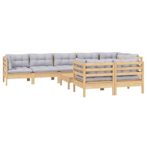 9-Piece Garden Lounge Set with Grey Cushions Pine Wood Outdoor Patio Furniture - Image 3