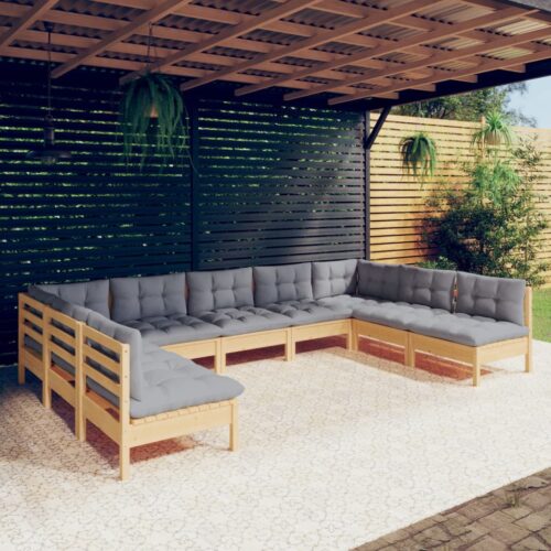9-Piece Garden Lounge Set with Grey Cushions Pine Wood Outdoor Patio Furniture - Image 2