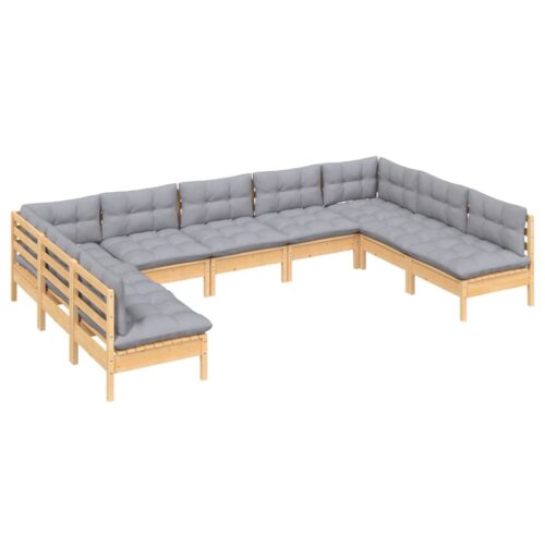 9-Piece Garden Lounge Set with Grey Cushions Pine Wood Outdoor Patio Furniture - Image 3