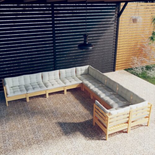 10-Piece Garden Lounge Set with Cream Cushions Pine Wood Outdoor Patio Furniture - Image 6